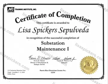Certificado de Substation Maintenance I, emitido por AVO Training Institute, Inc. (a subsidiary of Megger)